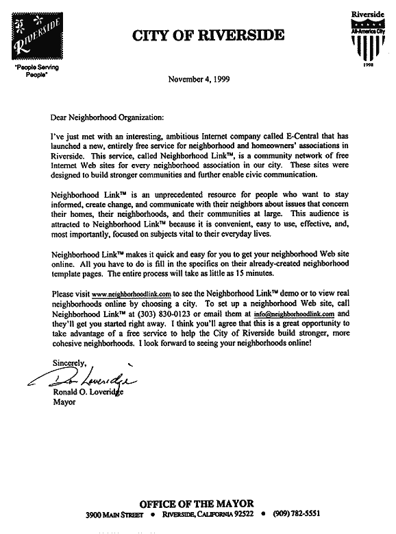 Letter From Riverside Mayor Ronald O. Loveridge